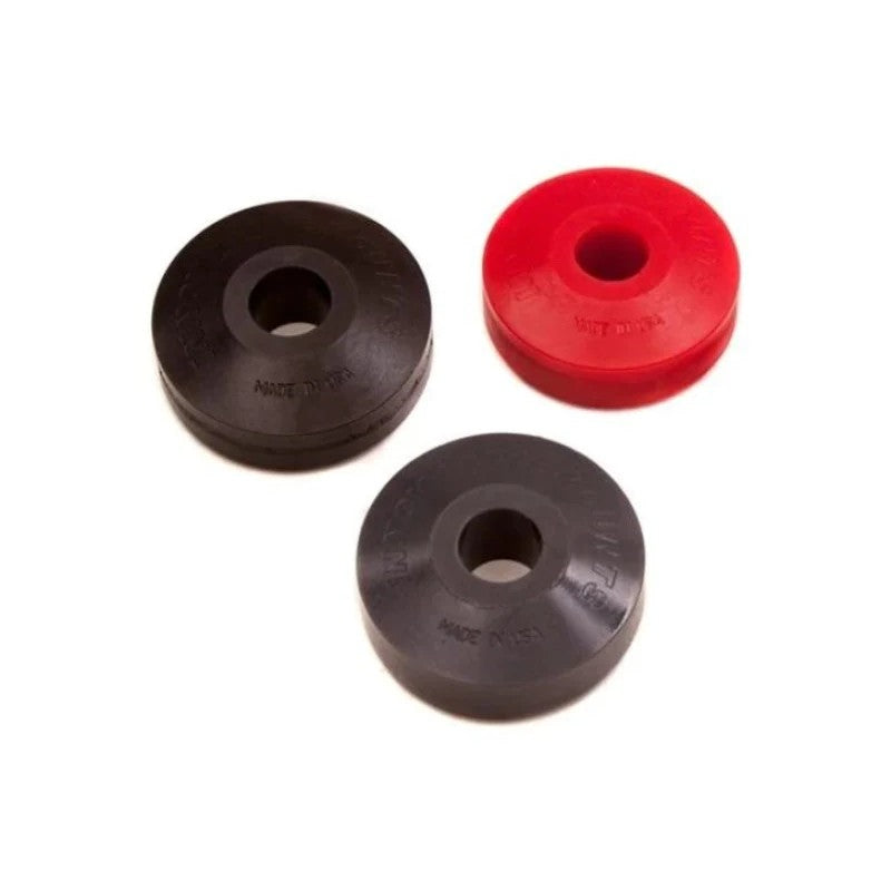 Pair of black Innovative Mounts 75A durometer polyurethane replacement bushing inserts for engine mount kits.