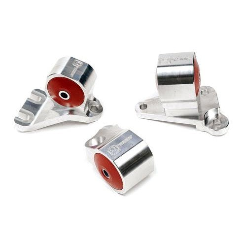 Silver billet aluminum engine mount kit with black 75A bushings and 3-bolt timing mount for 1992-1995 Honda Civic.