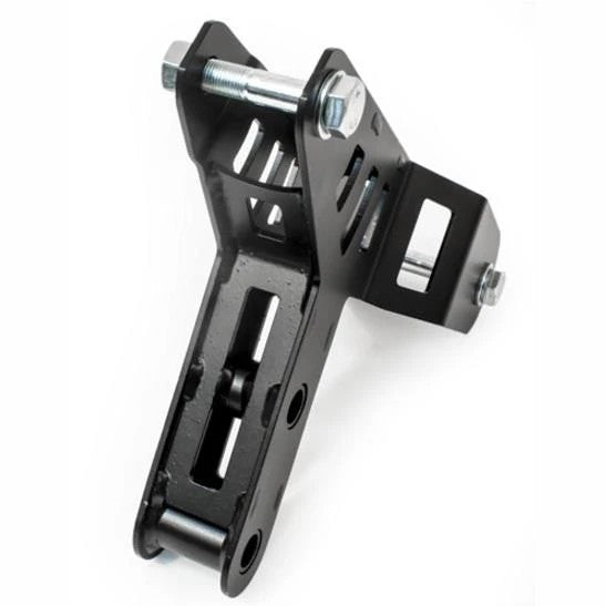 Black powder-coated steel rear T-bracket for B-Series engines in Honda Civic and Acura Integra chassis.
