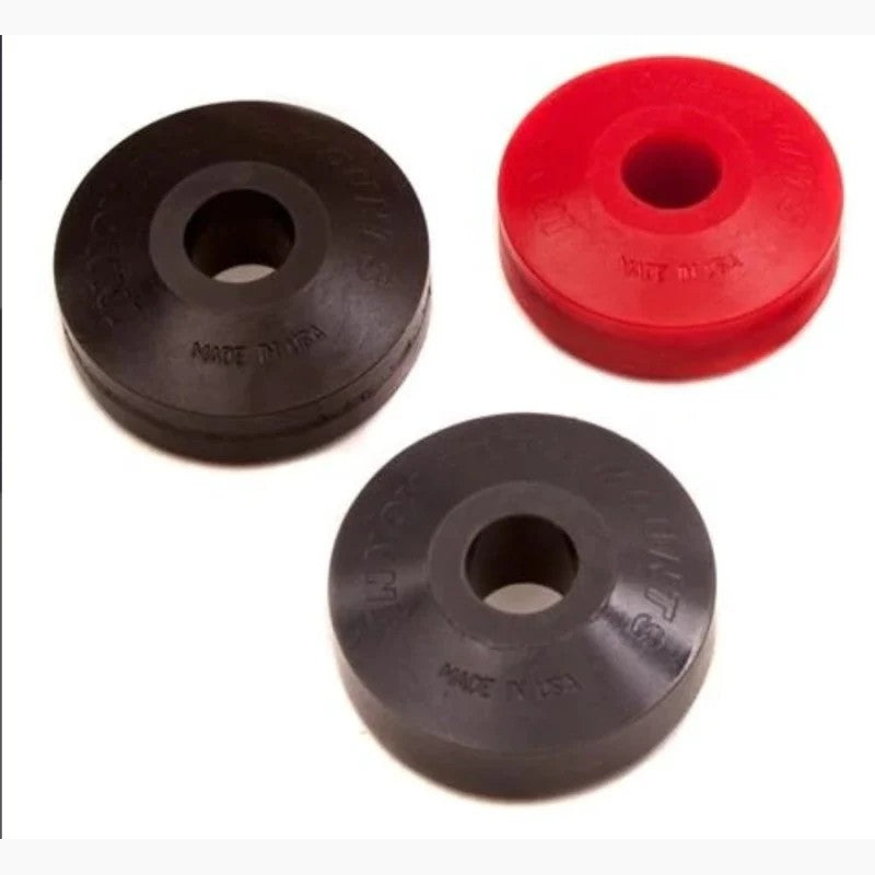 Pair of red polyurethane 95A durometer replacement bushing inserts for Innovative Mounts aluminum mount housings.