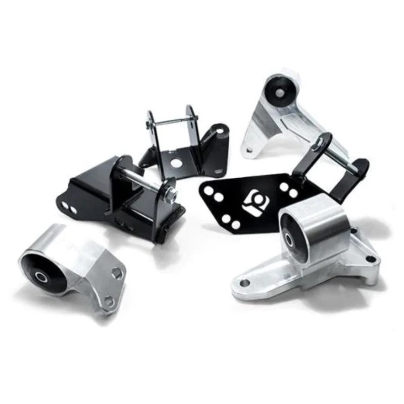 Three silver billet aluminum Innovative engine mounts with black 75A bushings for 1996-2000 Civic K-Series swaps.