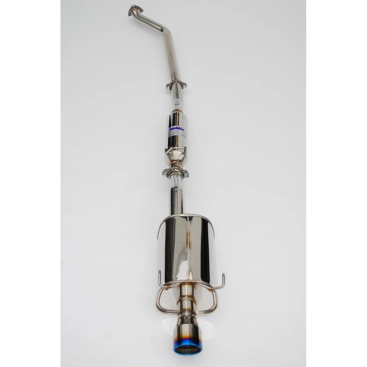 Invidia Q300 cat-back exhaust system featuring 70mm stainless steel piping and a blue-burnt rolled titanium tip