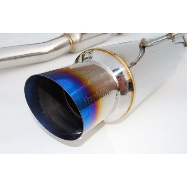 Invidia N1 cat-back exhaust system with 76mm stainless steel piping and a blue-burnt titanium tip.