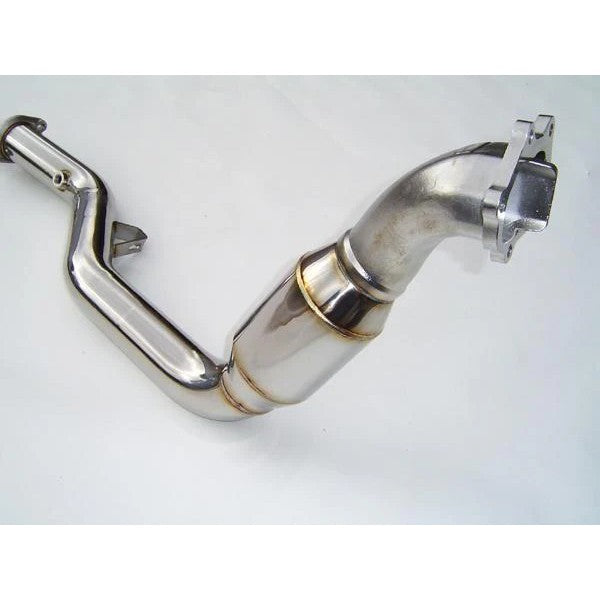 Polished Invidia divorced wastegate downpipe with integrated high flow catalytic converter for Subaru EJ engines.