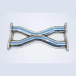 Invidia Gemini cat-back exhaust system featuring polished stainless steel piping and dual rolled titanium tips.
