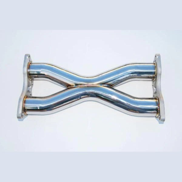 Invidia Gemini cat-back exhaust system featuring polished stainless steel piping and dual rolled titanium tips.