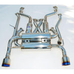 Invidia Gemini cat-back exhaust system with mandrel-bent stainless steel piping and single-layer blue titanium tips.