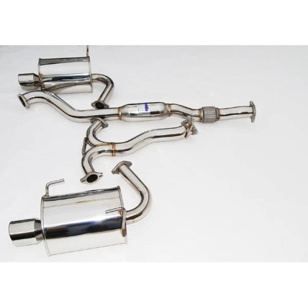 Invidia Q300 cat-back exhaust system with mandrel-bent stainless steel piping and dual polished exhaust tips.