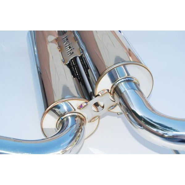 Invidia Gemini cat-back exhaust system for Nissan 370Z with burnt blue single layer titanium tips.
