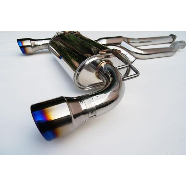 Invidia Q300 cat-back exhaust system with stainless steel piping and dual burnt titanium tips for Mitsubishi Evolution X
