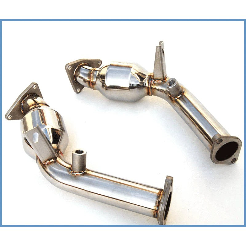 Invidia 60mm high flow catalytic converters with polished finish and integrated mounting brackets.