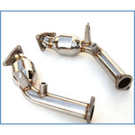 Invidia 60mm high flow catalytic converters with polished finish and integrated mounting brackets.