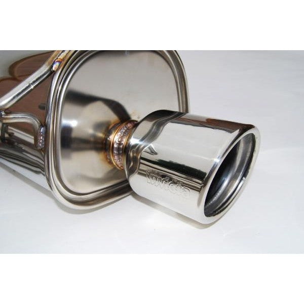Invidia Q300 dual cat-back exhaust system with polished stainless steel mufflers and mandrel-bent piping.