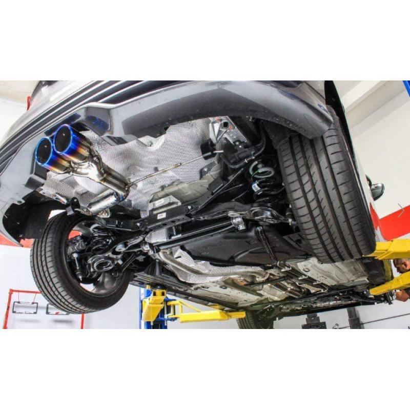 Invidia N1 cat-back exhaust system with stainless steel piping and dual burnt titanium tips for Ford Focus ST.