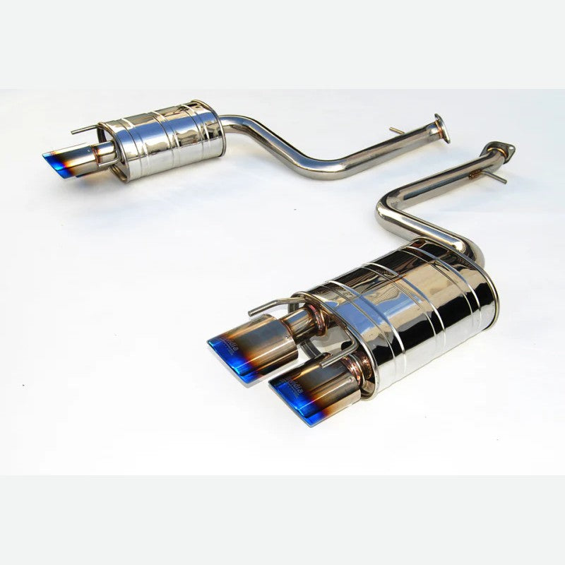Invidia stainless steel axle-back exhaust for Lexus RC featuring quad titanium burnt rolled tips.