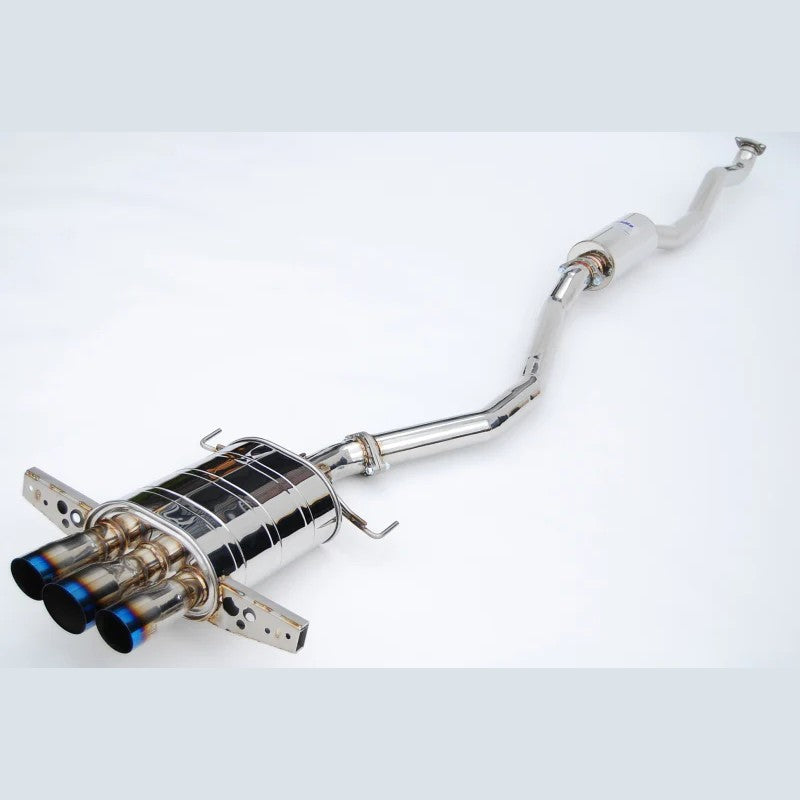 Invidia Q300 cat-back exhaust system featuring stainless steel piping and triple burnt titanium exhaust tips.