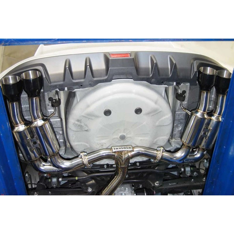 Invidia Gemini R400 cat-back exhaust system featuring T304 stainless steel piping and quad single-layer black tips
