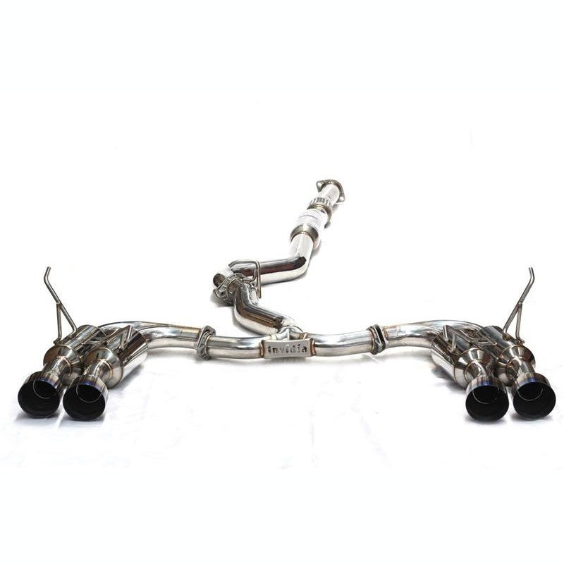 Invidia Gemini R400 cat-back exhaust system featuring quad-exit burnt titanium tips and performance piping