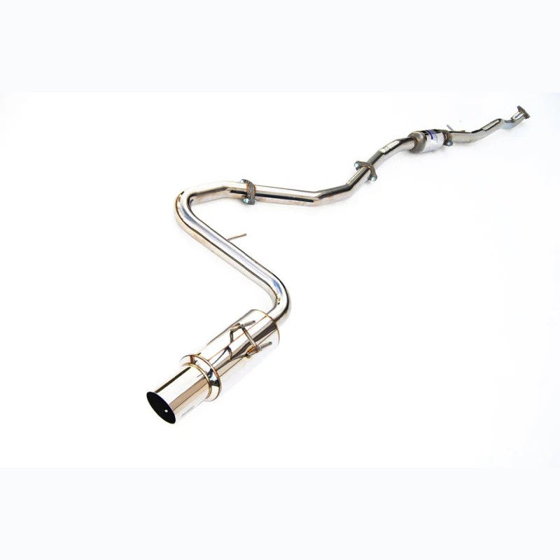 Invidia N1 cat-back exhaust system with stainless steel piping and a blue-burnt titanium tip.