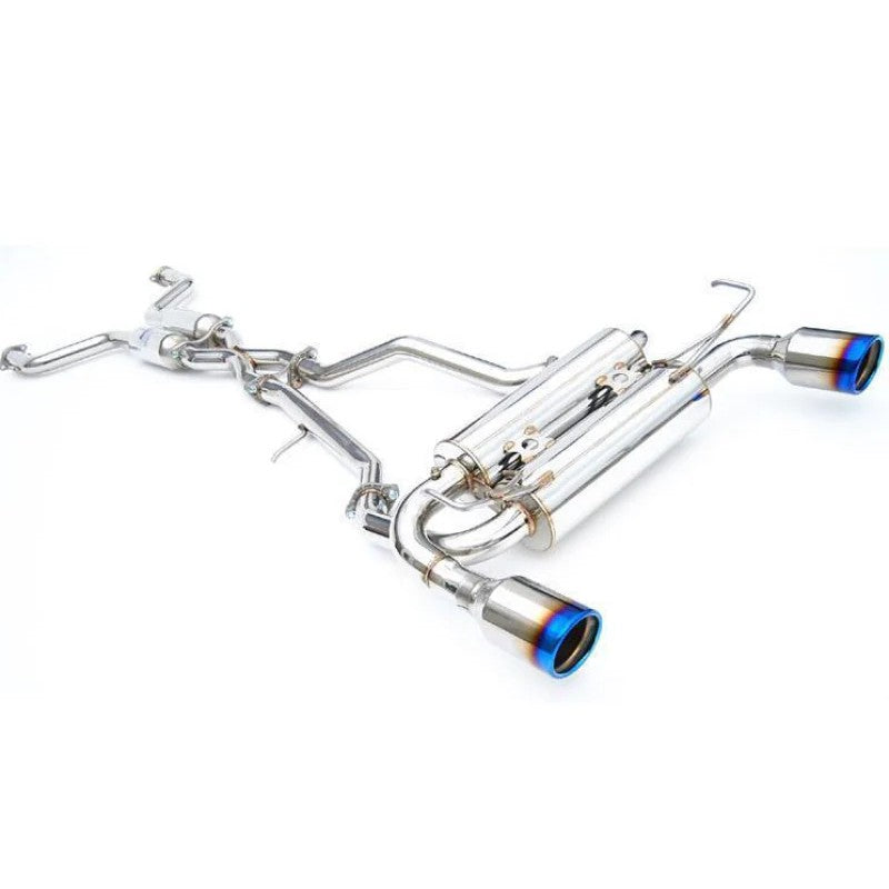 Invidia Gemini cat-back exhaust system featuring stainless steel piping and dual burnt-blue rolled titanium tips.