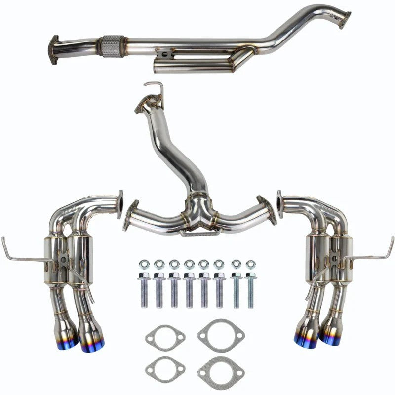 Invidia Gemini cat-back exhaust system with quad blue-burnt titanium tips for 2022-2024 Subaru WRX