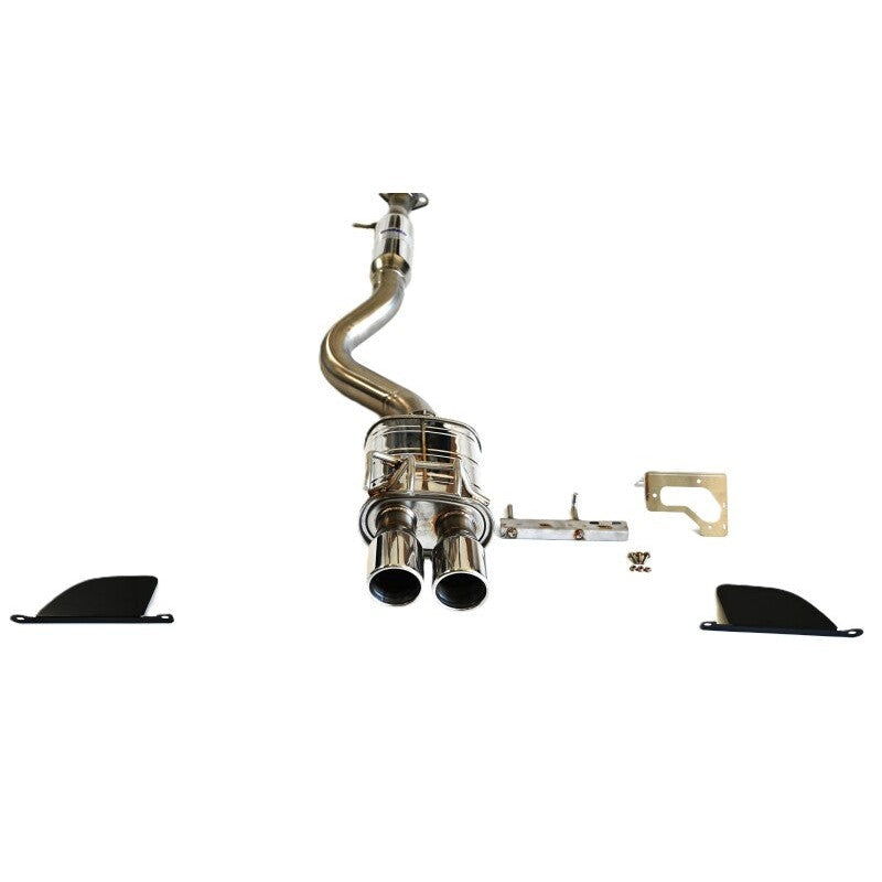 Invidia Q300 cat-back exhaust system featuring mandrel-bent stainless steel piping and rolled polished tips.