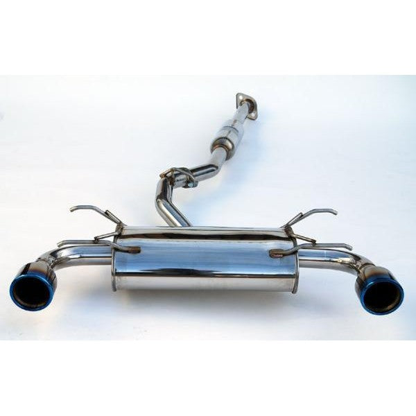 Invidia Q300 cat-back exhaust system with stainless steel piping and dual rolled titanium tips with burnt blue edges.