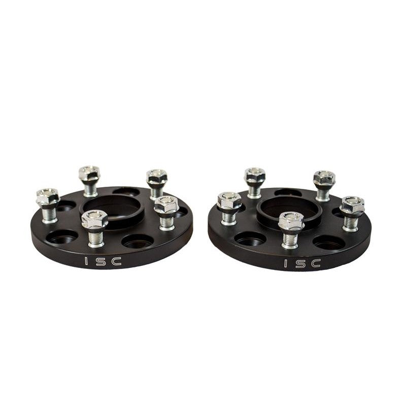 Pair of black ISC Suspension 15mm hub-centric wheel spacers with 5x114.3 bolt pattern and 60mm center bore.