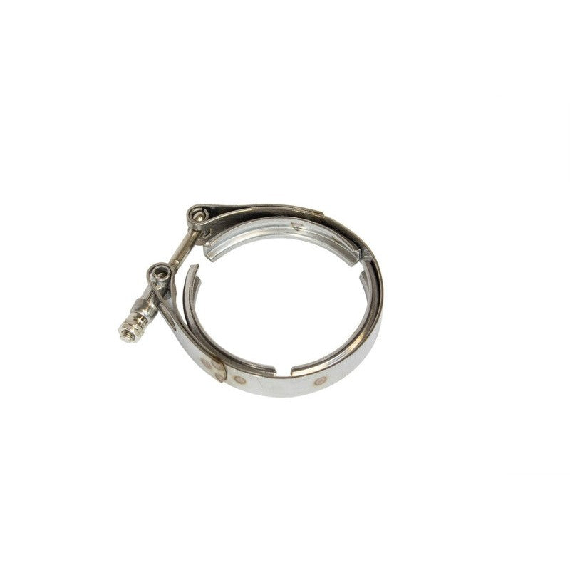 ISR Performance 90mm stainless steel V-band clamp for Garrett 3-inch GT series turbine discharge housings.
