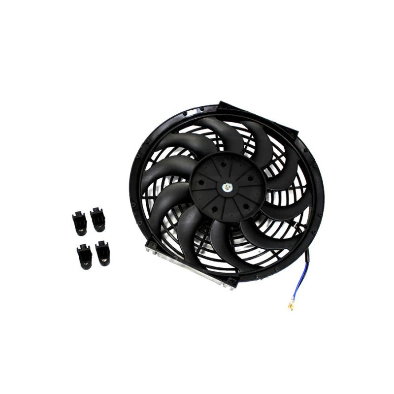 ISR Performance 12-inch electric radiator fan with black housing and balanced multi-blade design.