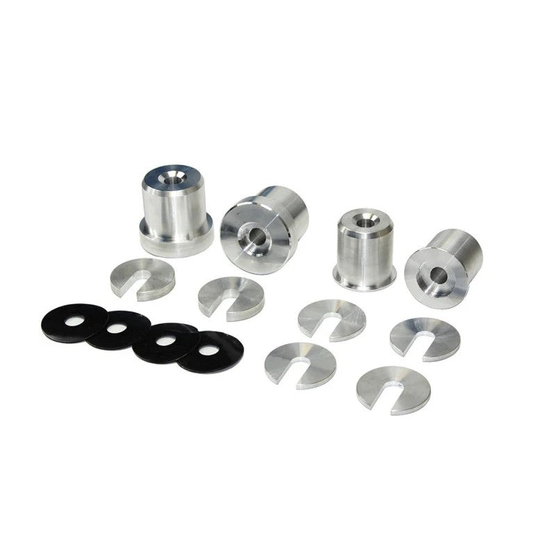 Set of CNC-machined aluminum ISR Performance full subframe solid bushing inserts for Nissan 350Z and Infiniti G35.