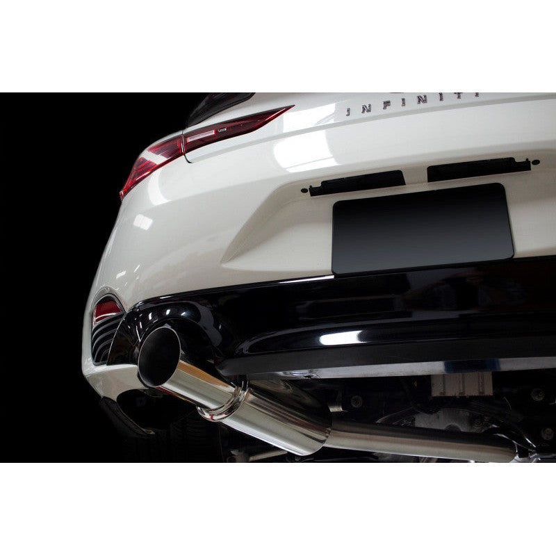 ISR Performance GT single exit exhaust system for Infiniti Q60 Coupe RWD showing the polished piping and resonator.