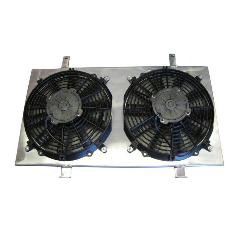 ISR Performance radiator fan shroud kit for Nissan S13 with KA24DE engine showing precision fan cutouts