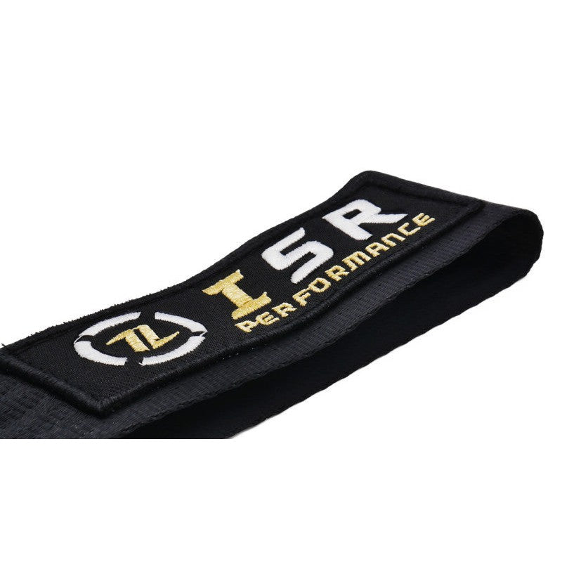Black ISR Performance racing tow strap featuring high-strength webbing and a silver mounting bolt.