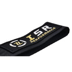 Black ISR Performance racing tow strap featuring high-strength webbing and a silver mounting bolt.