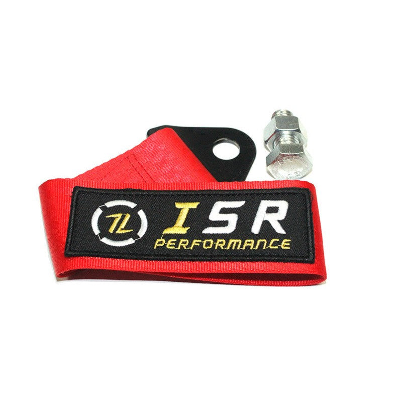 Red ISR Performance racing tow strap with high-strength nylon webbing and a black steel mounting bracket.