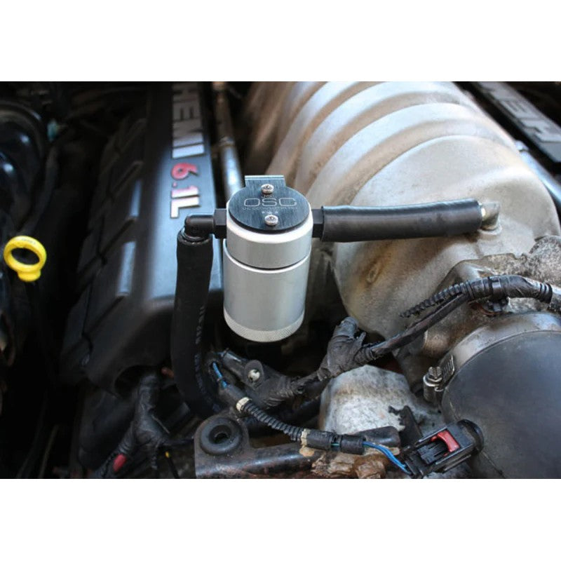 Black anodized J&L 3.0 Oil Separator with knurled base for 6.1L Hemi engines