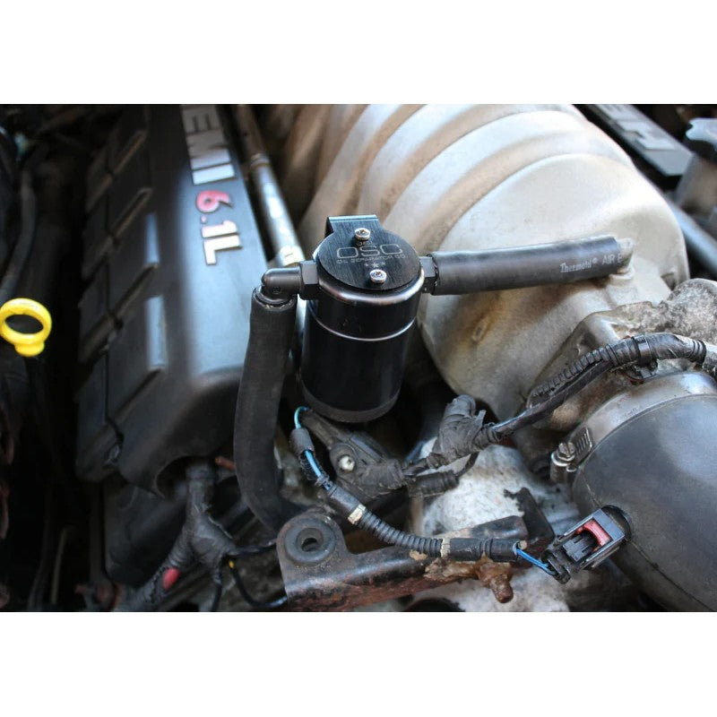Black anodized J&L 3.0 oil separator for 6.1L Hemi passenger side, showing the knurled tank base and billet body.
