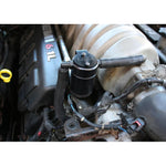 Black anodized J&L 3.0 oil separator for 6.1L Hemi passenger side, showing the knurled tank base and billet body.