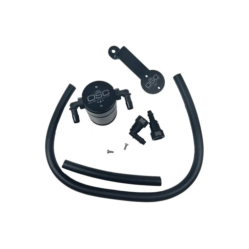 Black anodized J&L 3.0 passenger side oil separator with quick-connect fittings for 2005-2010 Mustang GT.