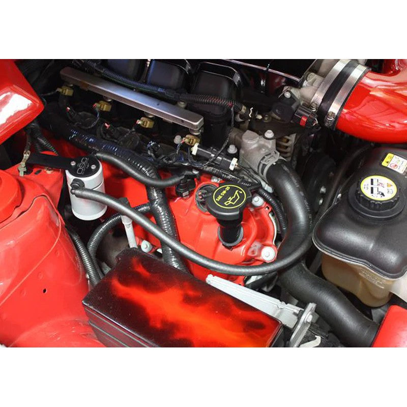 Clear anodized J&L Oil Separator 3.0 for 2005-2010 Ford Mustang GT with quick-connect PCV lines and knurled tank.