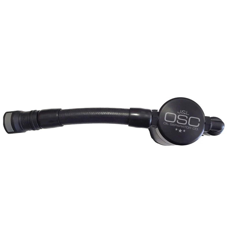 Black anodized J&L 3.0 V2 driver side oil separator with quick-connect fittings for 2005-2010 Ford Mustang GT.