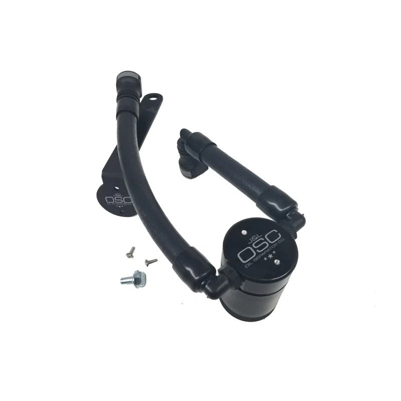 Black anodized J&L 3.0 billet aluminum oil separator for 2007-2014 Ford Mustang Shelby GT500 driver side