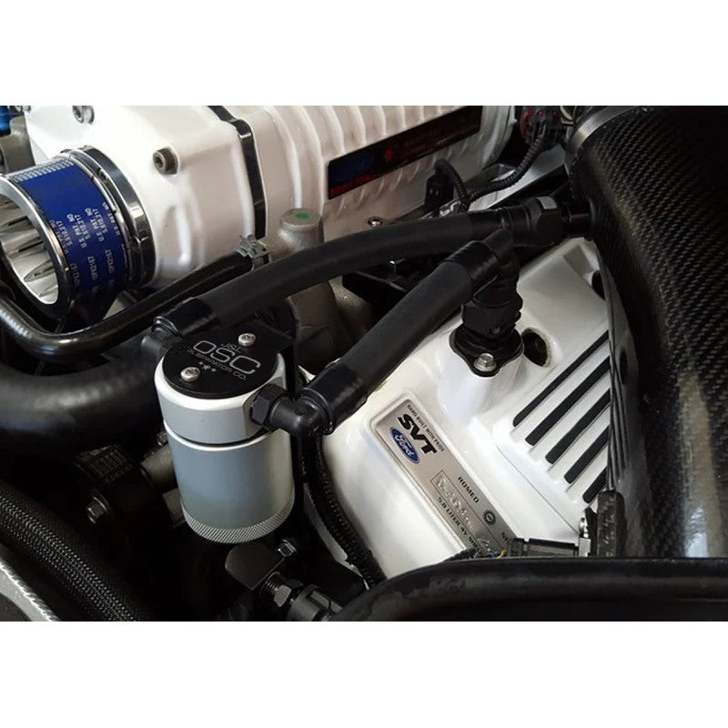 Clear anodized billet aluminum J&L 3.0 oil separator with driver-side PCV hoses for 2007-2014 Ford Mustang Shelby GT500.