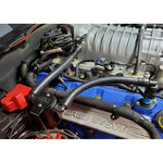 Black anodized J&L 3.0 billet oil separator with remote mount bracket and quick-connect PCV hoses.