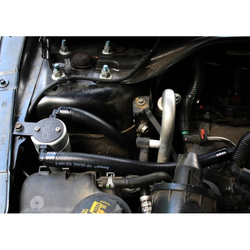 Clear anodized billet aluminum J&L Oil Separator 3.0 with quick-connect PCV hoses and fittings.