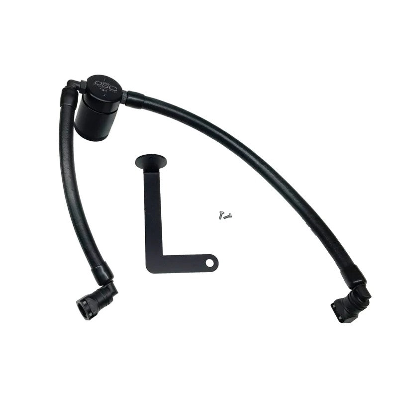 Black anodized J&L 3.0 passenger side oil separator with quick-connect fittings for 2010-2019 Ford Flex V6 EcoBoost.