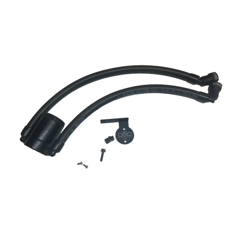Black anodized billet aluminum J&L Oil Separator 3.0 with quick-connect PCV fittings for 6.2L Ford F-150.