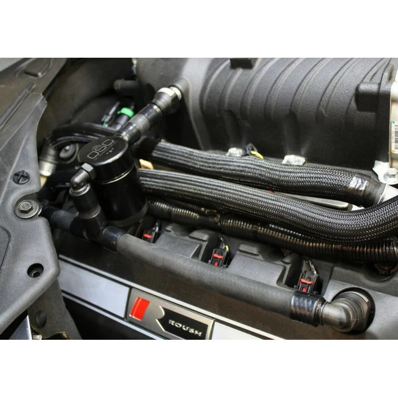Black J&L 3.0 billet aluminum passenger side oil separator with quick-connect fittings for 2011-2017 Mustang GT