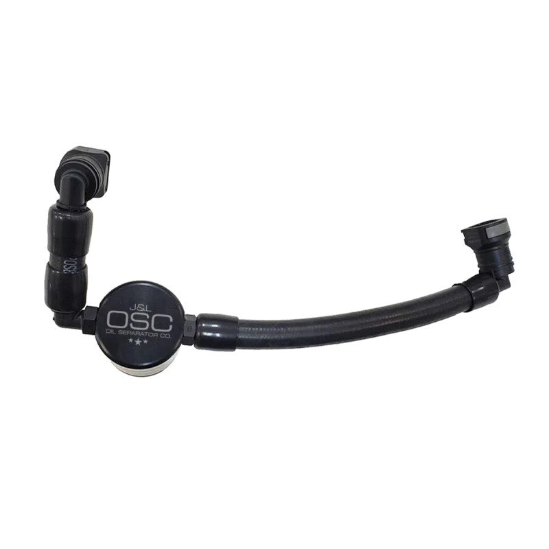 Black anodized J&L 3.0 V2 passenger side oil separator for 2011-2017 Ford Mustang V6 with quick-connect fittings